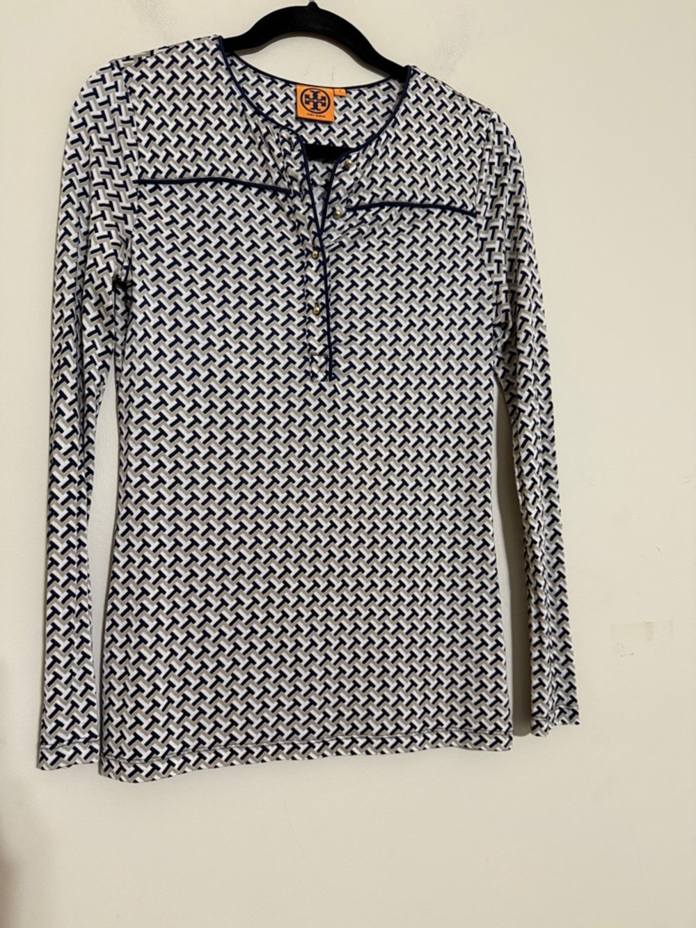 Tory Burch White  Navy Geometric women S silk Long Sleeve Tunic top blouse retro